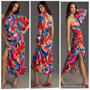 Farm Rio One Shoulder Dress Anthropologie Abstract Floral Midi Slit Size Small